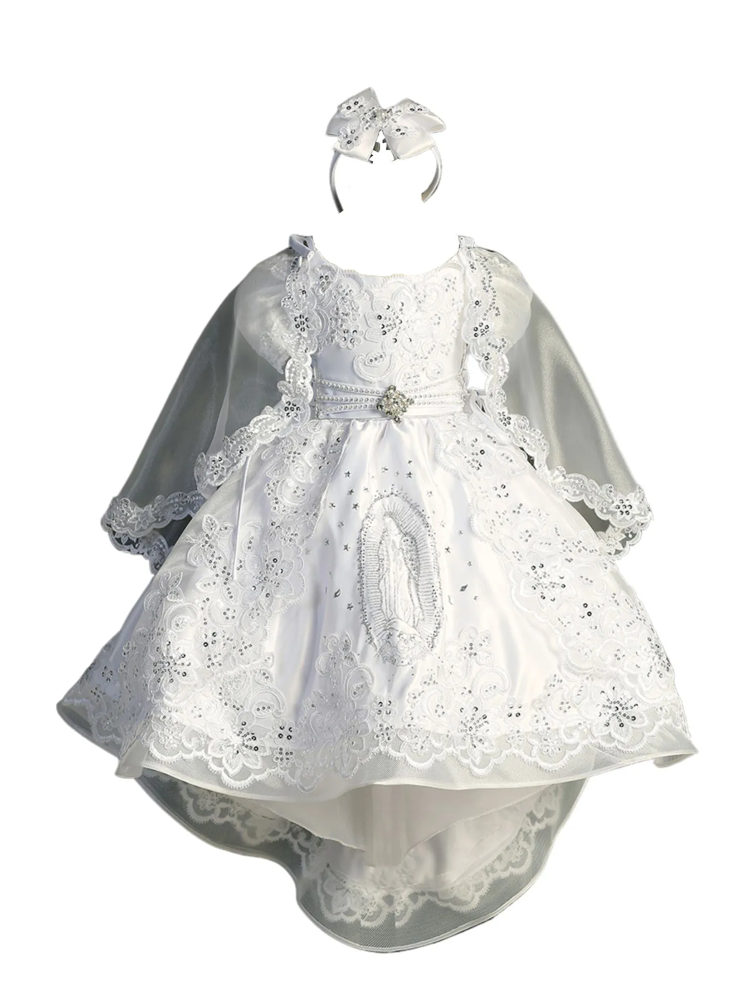 Girls White Back Train Headband Baptism Gown Outfit, Sizes 0-6