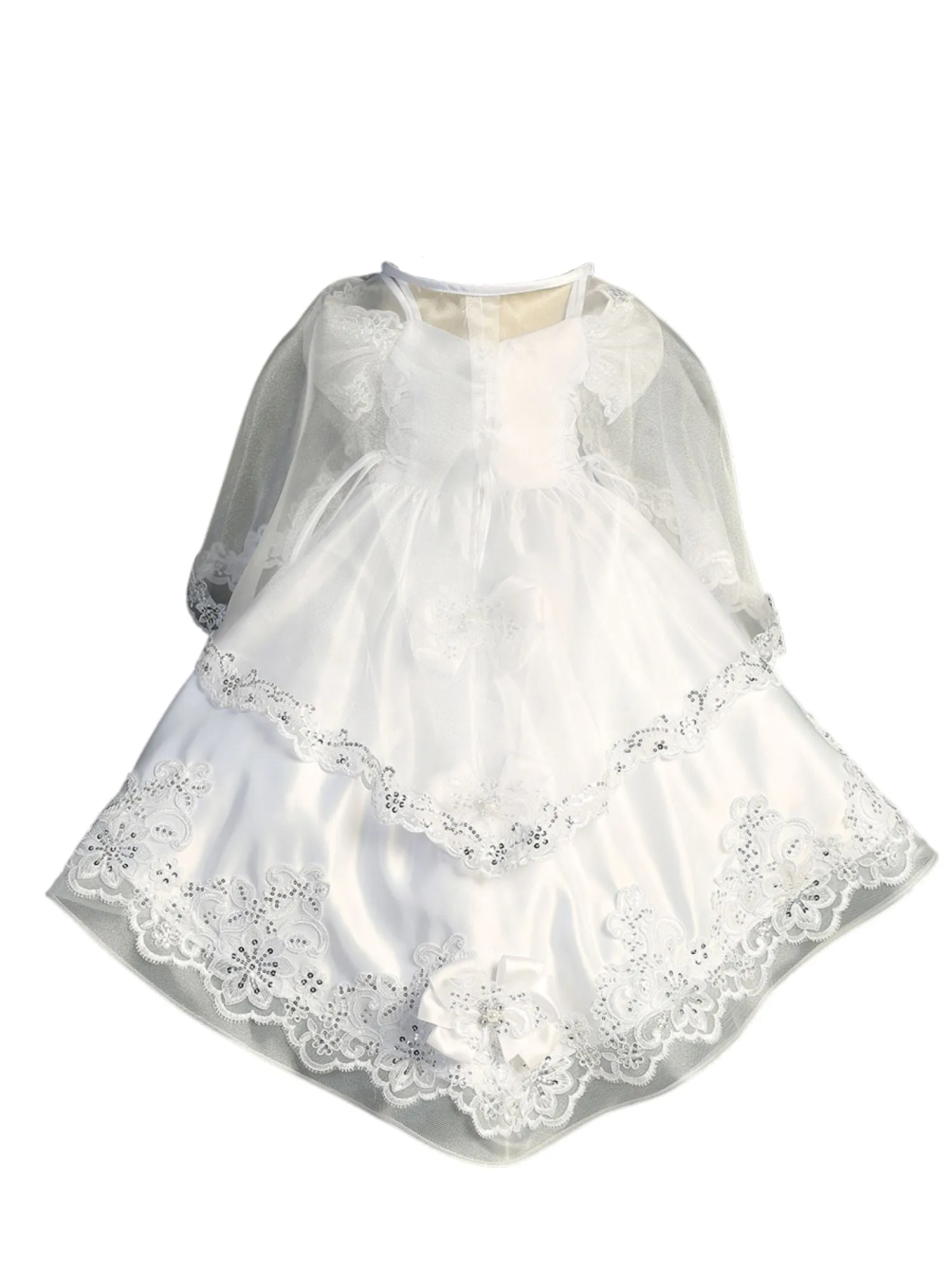 Girls White Back Train Headband Baptism Gown Outfit, Sizes 0-6