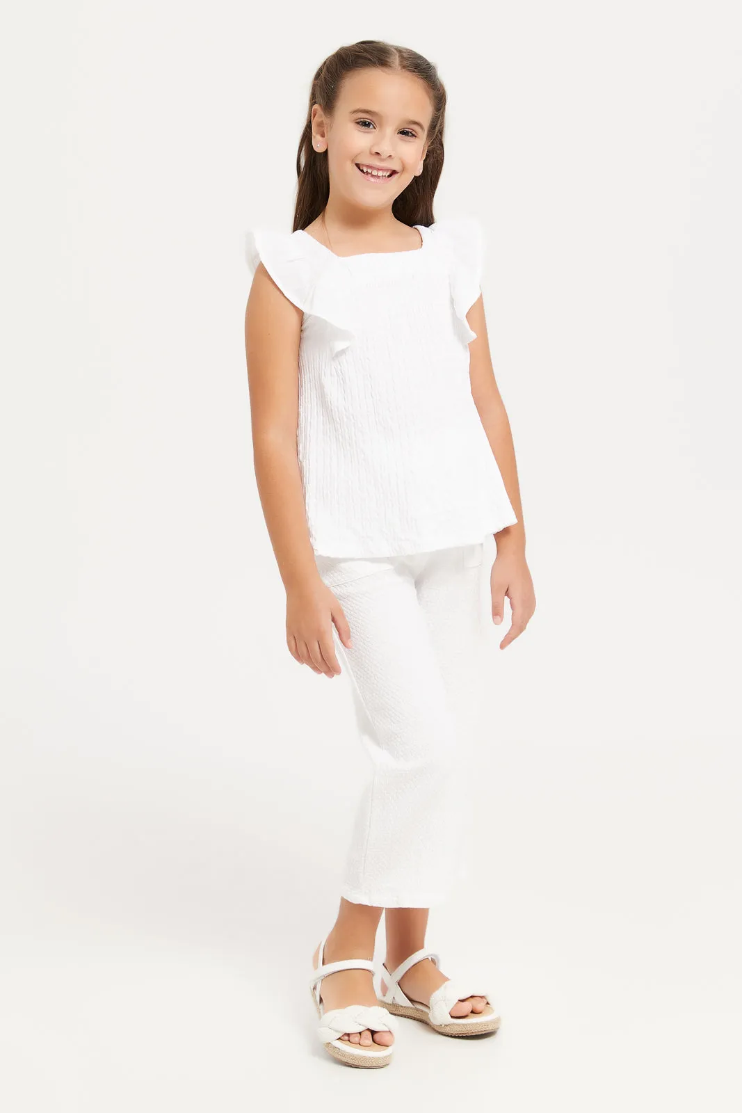 Girls White Crinkled Frilled Short Sleeve Top