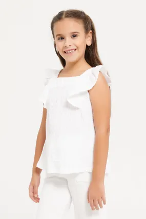 Girls White Crinkled Frilled Short Sleeve Top