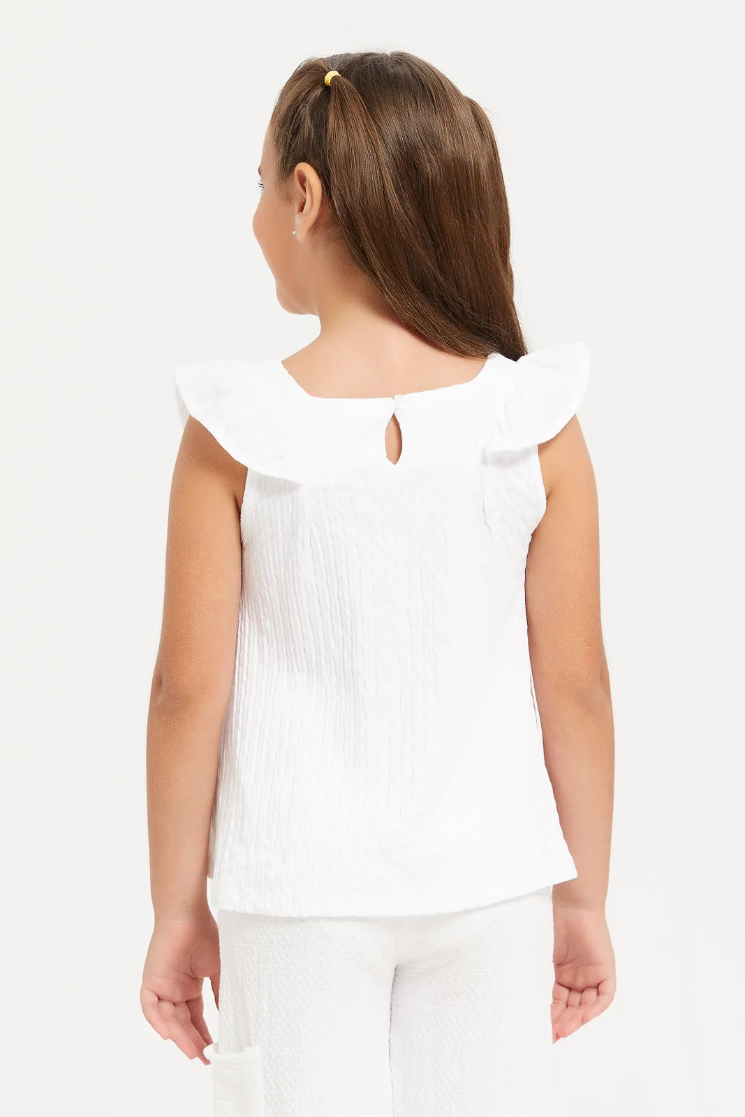 Girls White Crinkled Frilled Short Sleeve Top