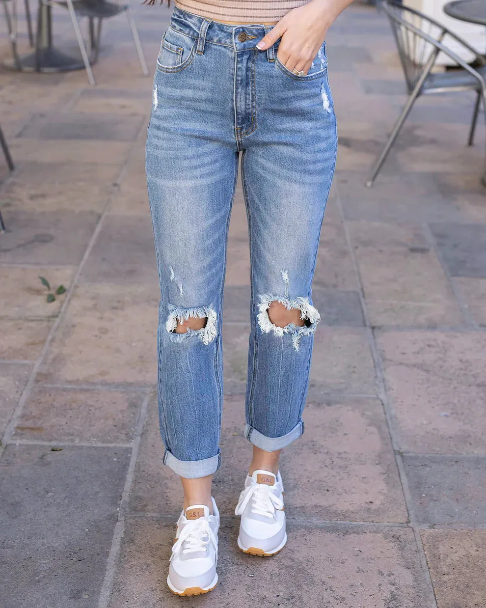 Grace & Lace High-Rise Girlfriend Jeans - Distressed Mid-Wash