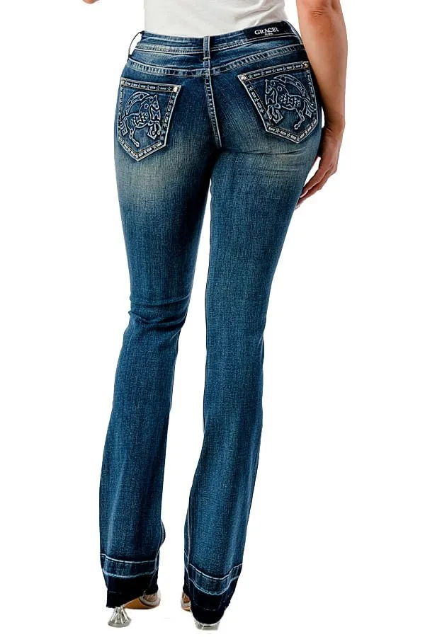 Grace in LA 3D Horse Mid Rise Bootcut Jeans