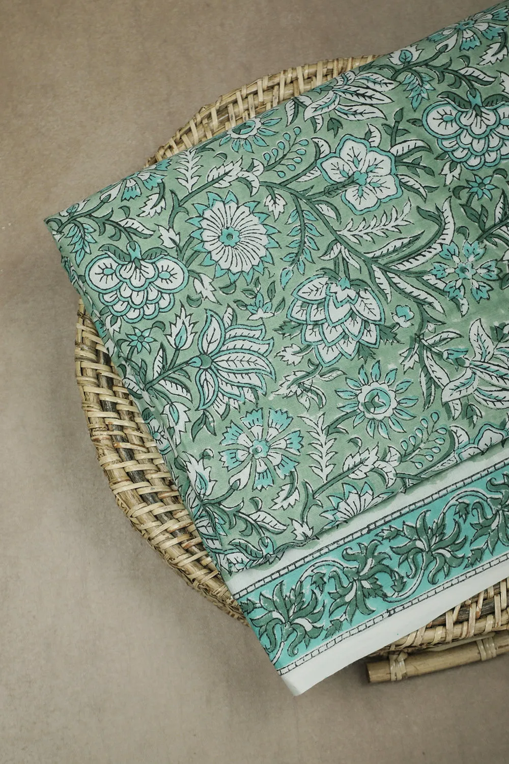 Green with Florals Sanganeri Cotton Fabric - 1.1m