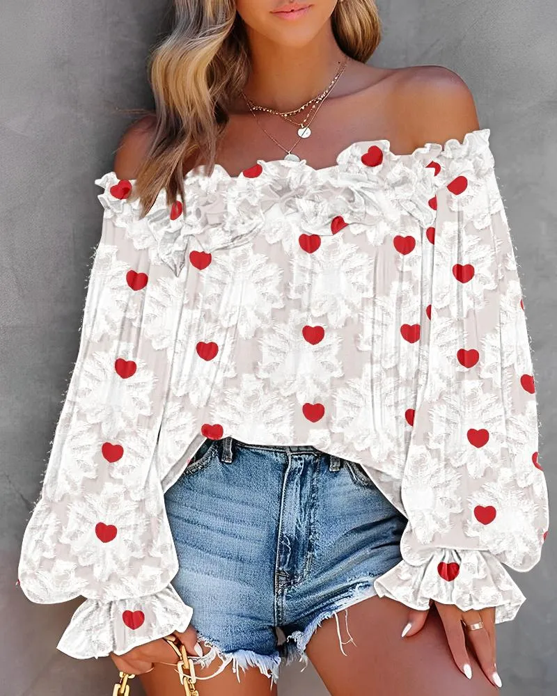 Heart Floral Pattern Lantern Sleeve Top