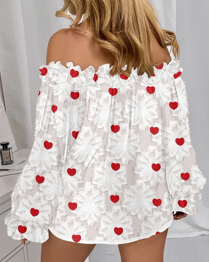 Heart Floral Pattern Lantern Sleeve Top