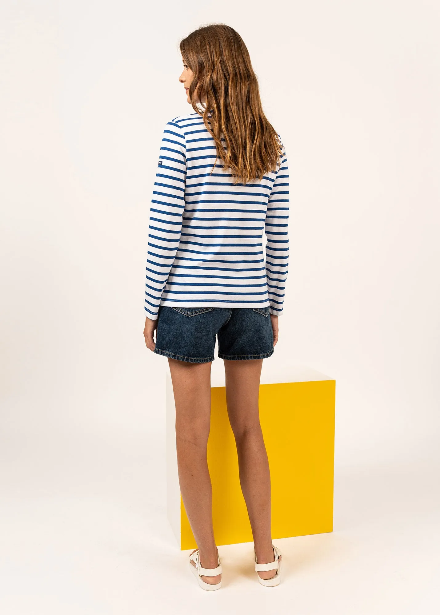 Hoedic V neck sailor striped shirt - long sleeves, in cotton (NEIGE/GITANE)