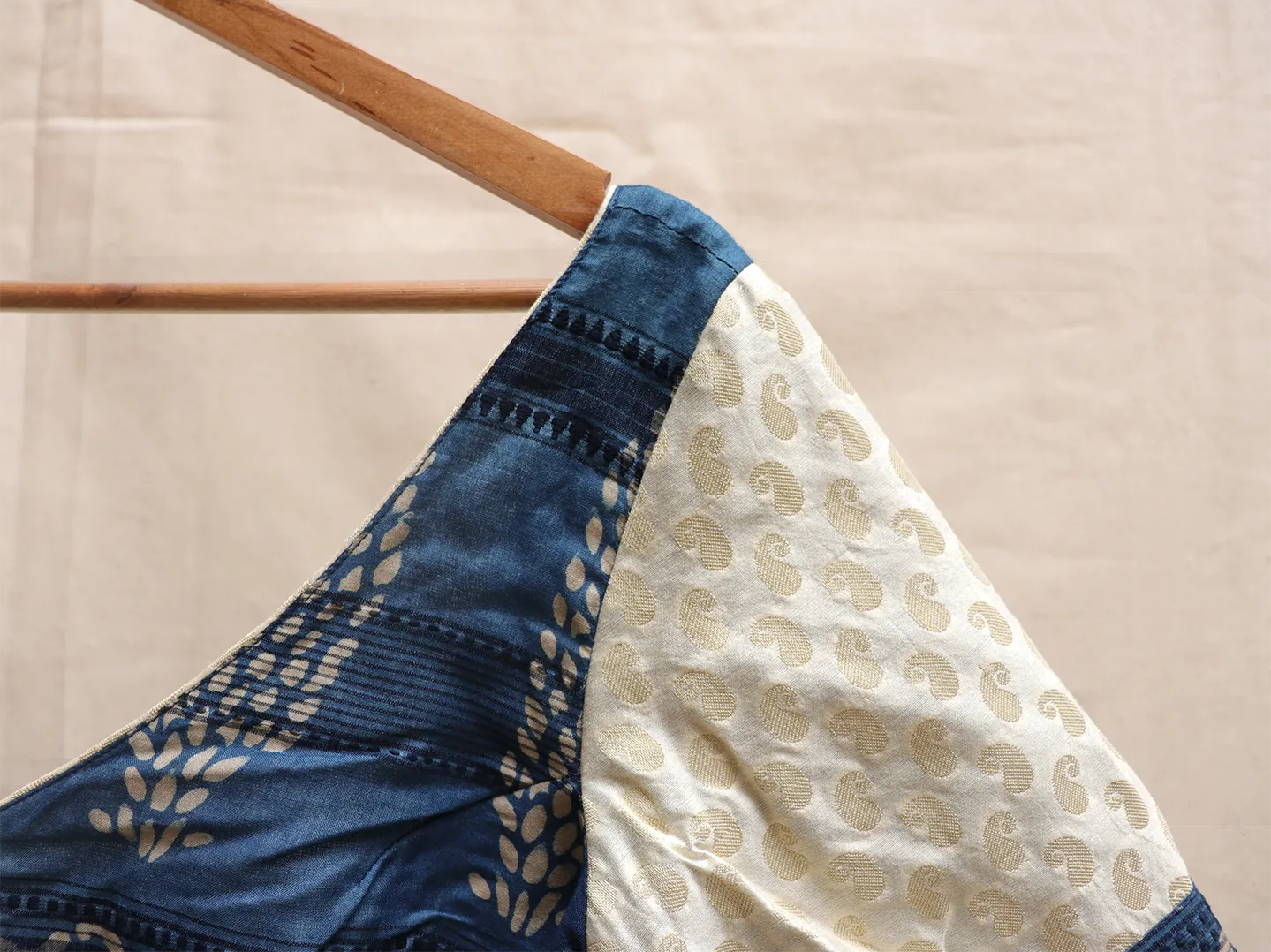 Indigo Dabu printed cotton and brocade, Hand embroidery blouse