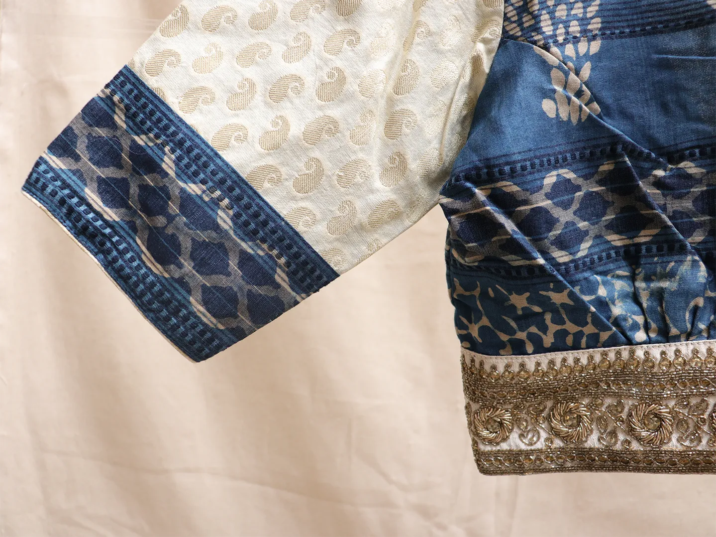 Indigo Dabu printed cotton and brocade, Hand embroidery blouse