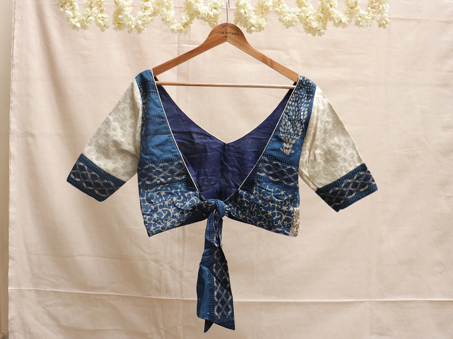 Indigo Dabu printed cotton and brocade, Hand embroidery blouse