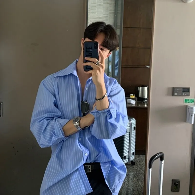 [Korean Style] Blue/White Oversize Striped Shirts