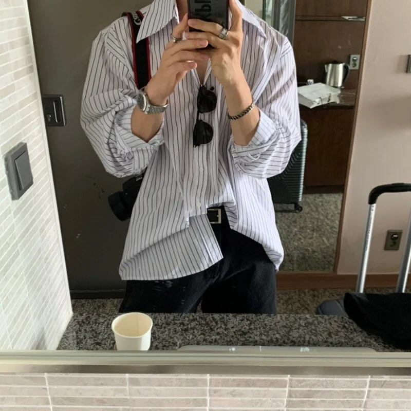 [Korean Style] Blue/White Oversize Striped Shirts