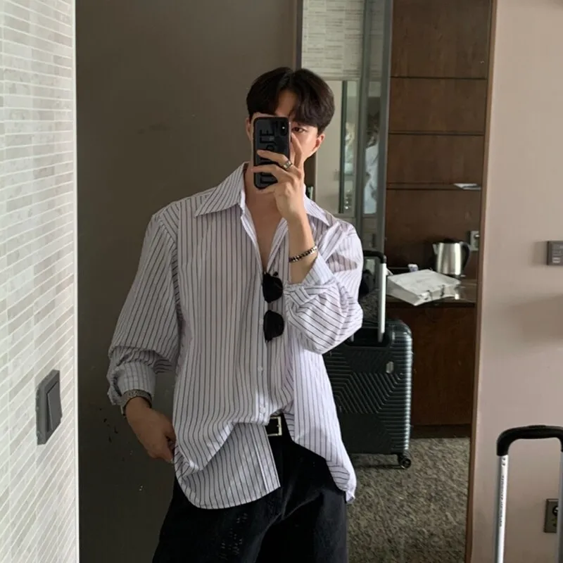 [Korean Style] Blue/White Oversize Striped Shirts