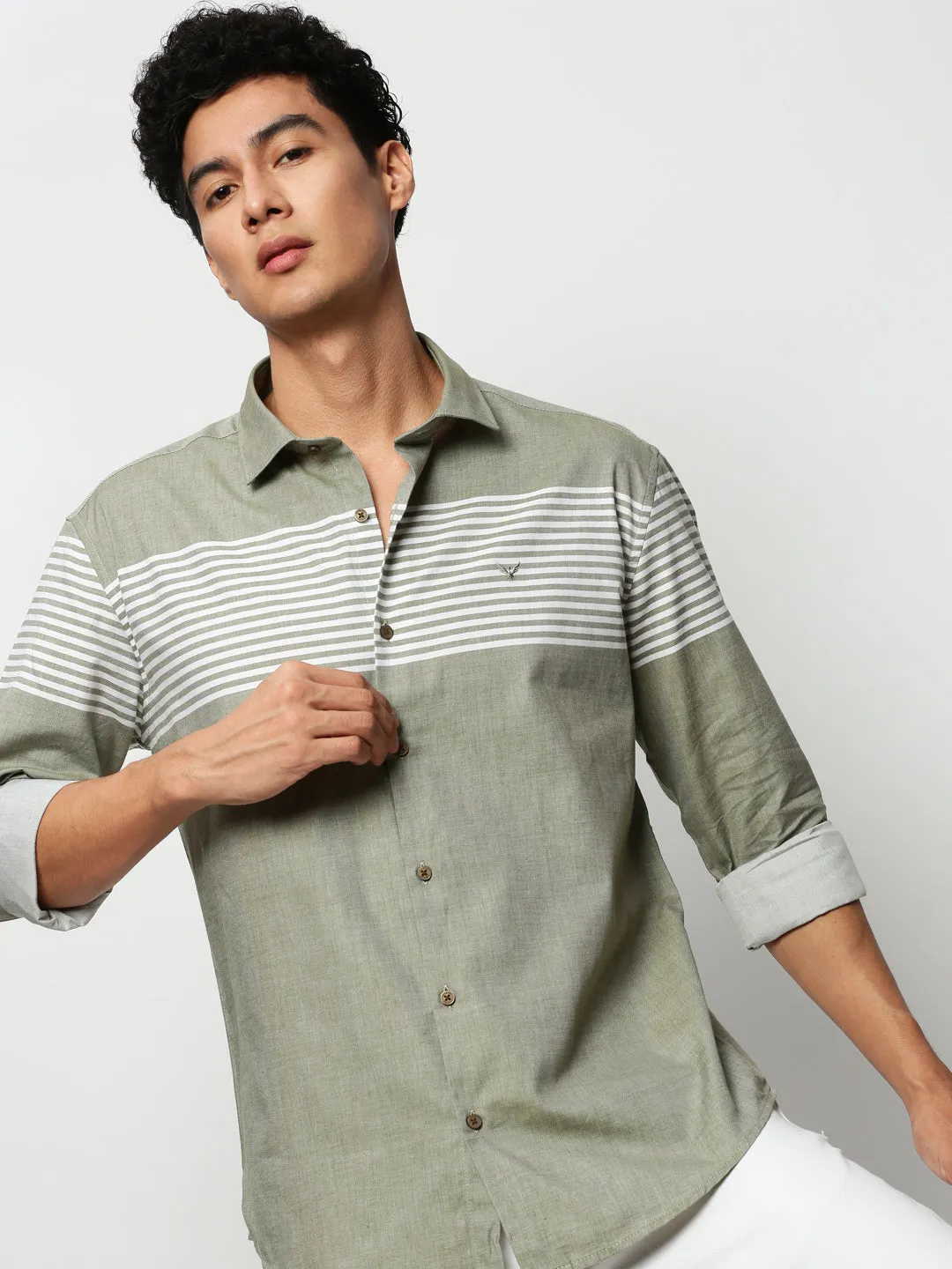 Men Green Striped Casual Casual Shirts