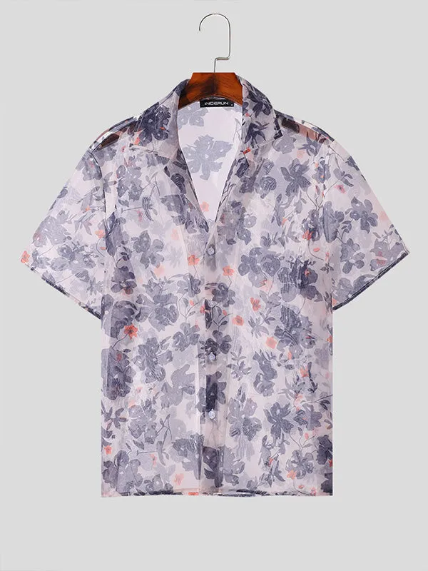 Mens Floral Print Sheer Short Sleeve Shirt SKUK68920