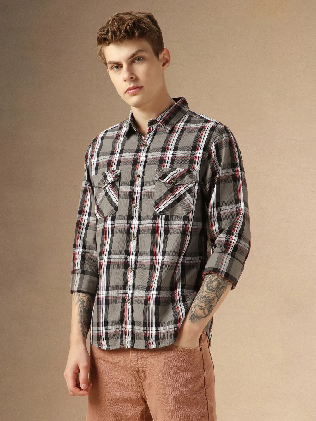 Men's Grey Tartan Checks Spread Collar Long Sleeves Relaxed Fit Casual Shirt