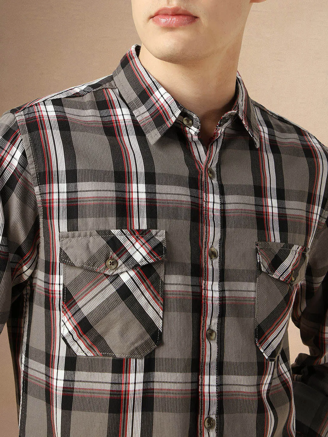 Men's Grey Tartan Checks Spread Collar Long Sleeves Relaxed Fit Casual Shirt