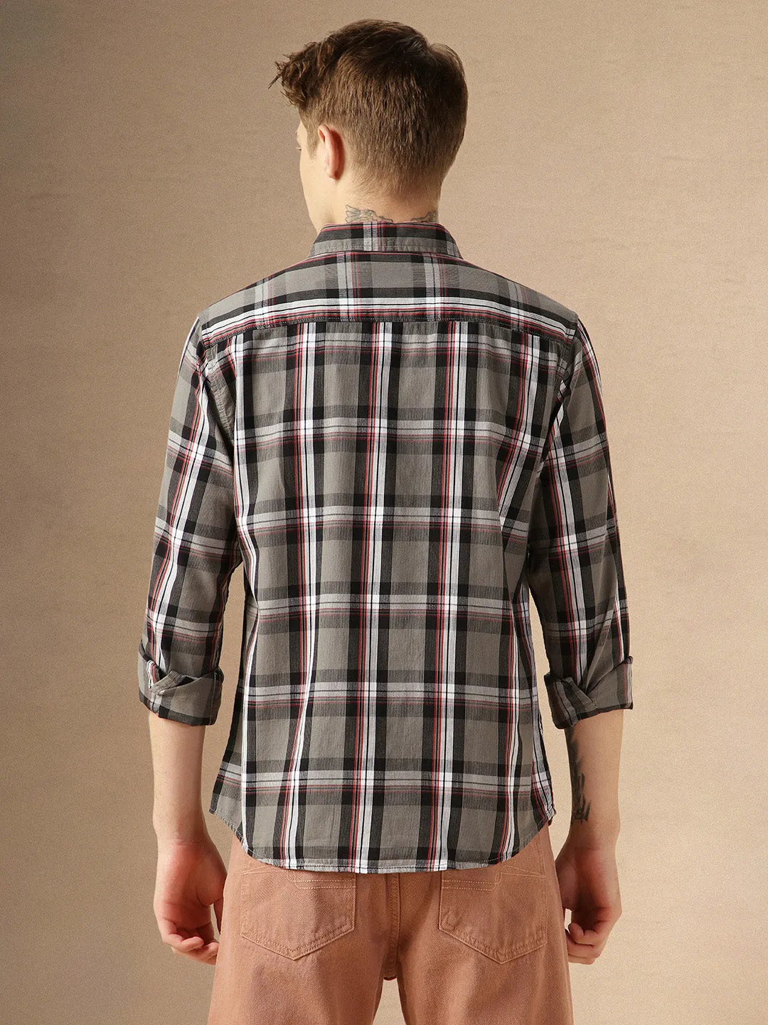 Men's Grey Tartan Checks Spread Collar Long Sleeves Relaxed Fit Casual Shirt