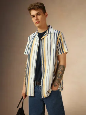 Men's Yellow Striped Cuban Collar Half Sleeves Shirt