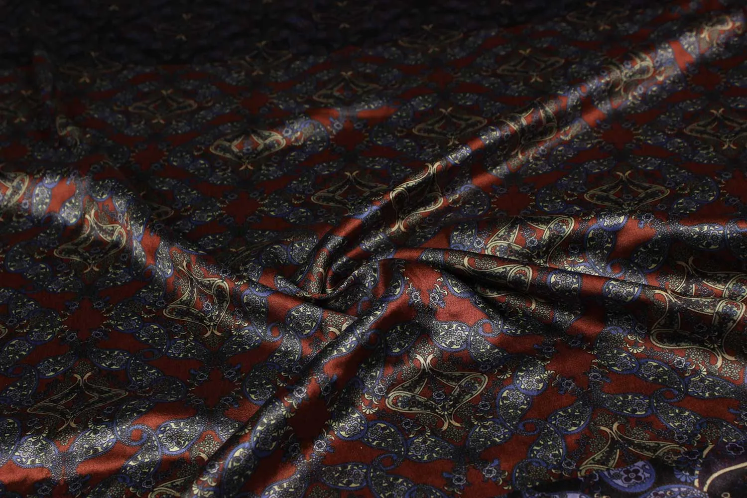 Navy Blue, Burgandy Traditional Printed Satin Fabric