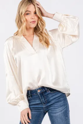 Notched Long Sleeve Blouse