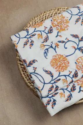 Orange Floral on Cream Sanganeri Cotton Fabric