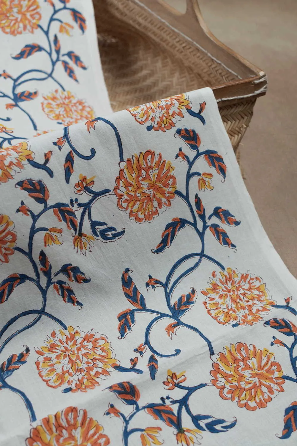 Orange Floral on Cream Sanganeri Cotton Fabric