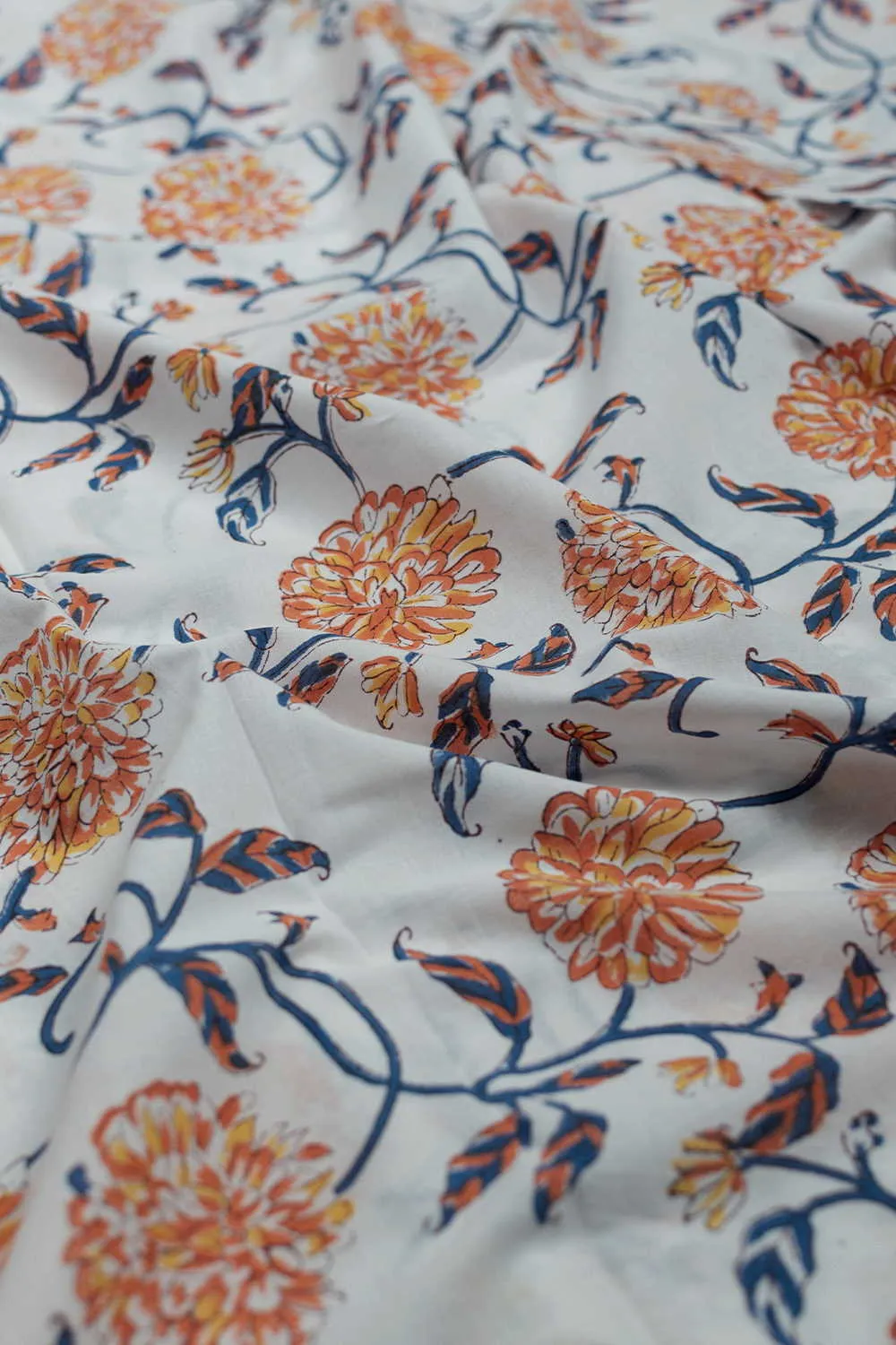 Orange Floral on Cream Sanganeri Cotton Fabric