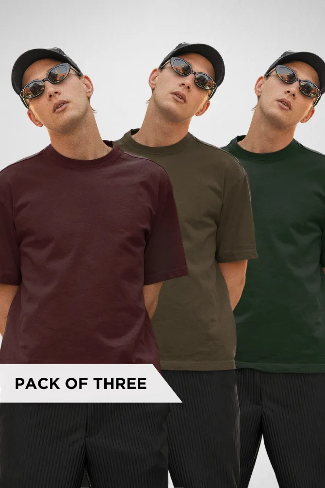 Pack Of 3 Oversized T-Shirts Olive Green Maroon and Bottle green for Men