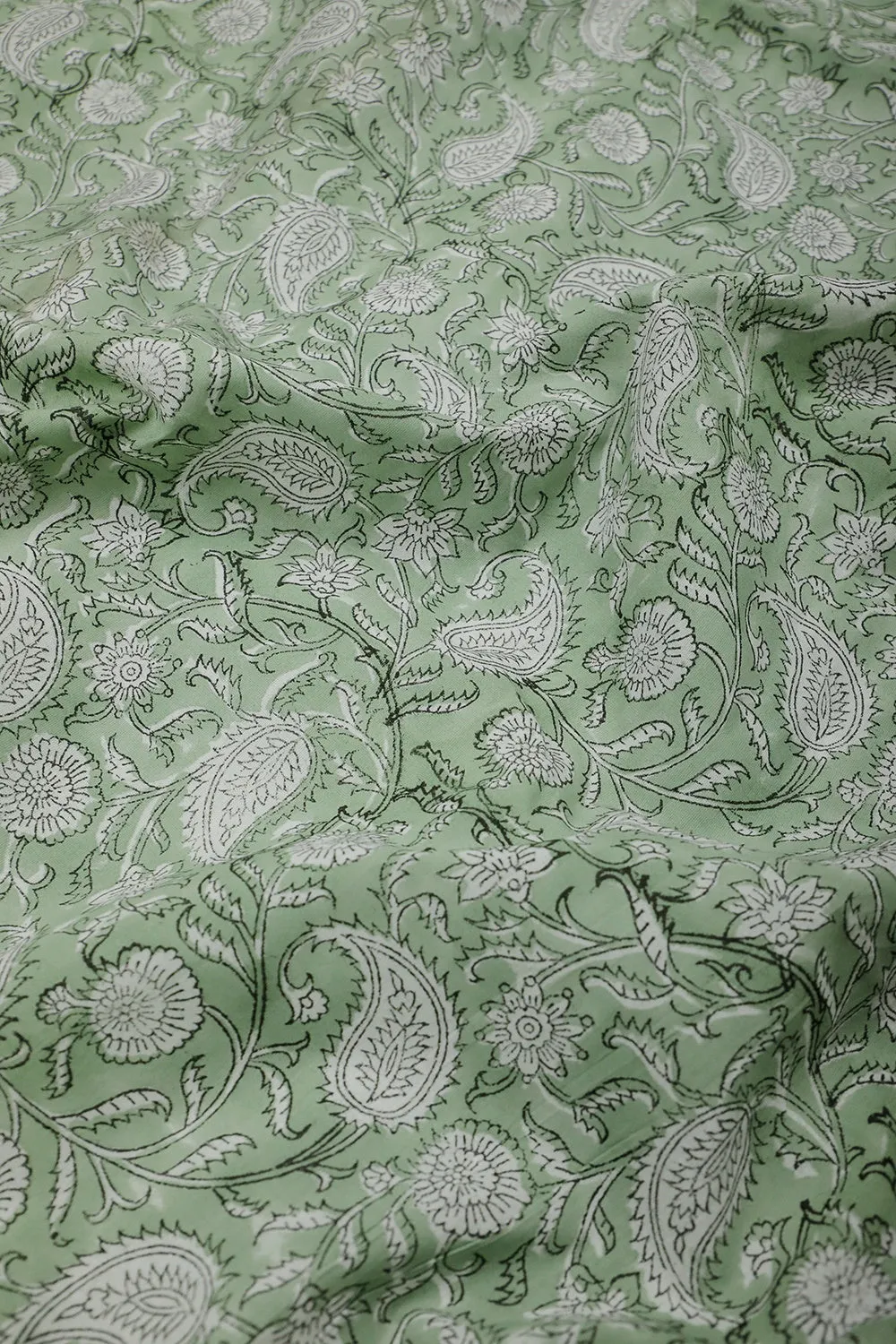 Paisley Cream Floral on Green Sanganeri Cotton Fabric - 0.55m