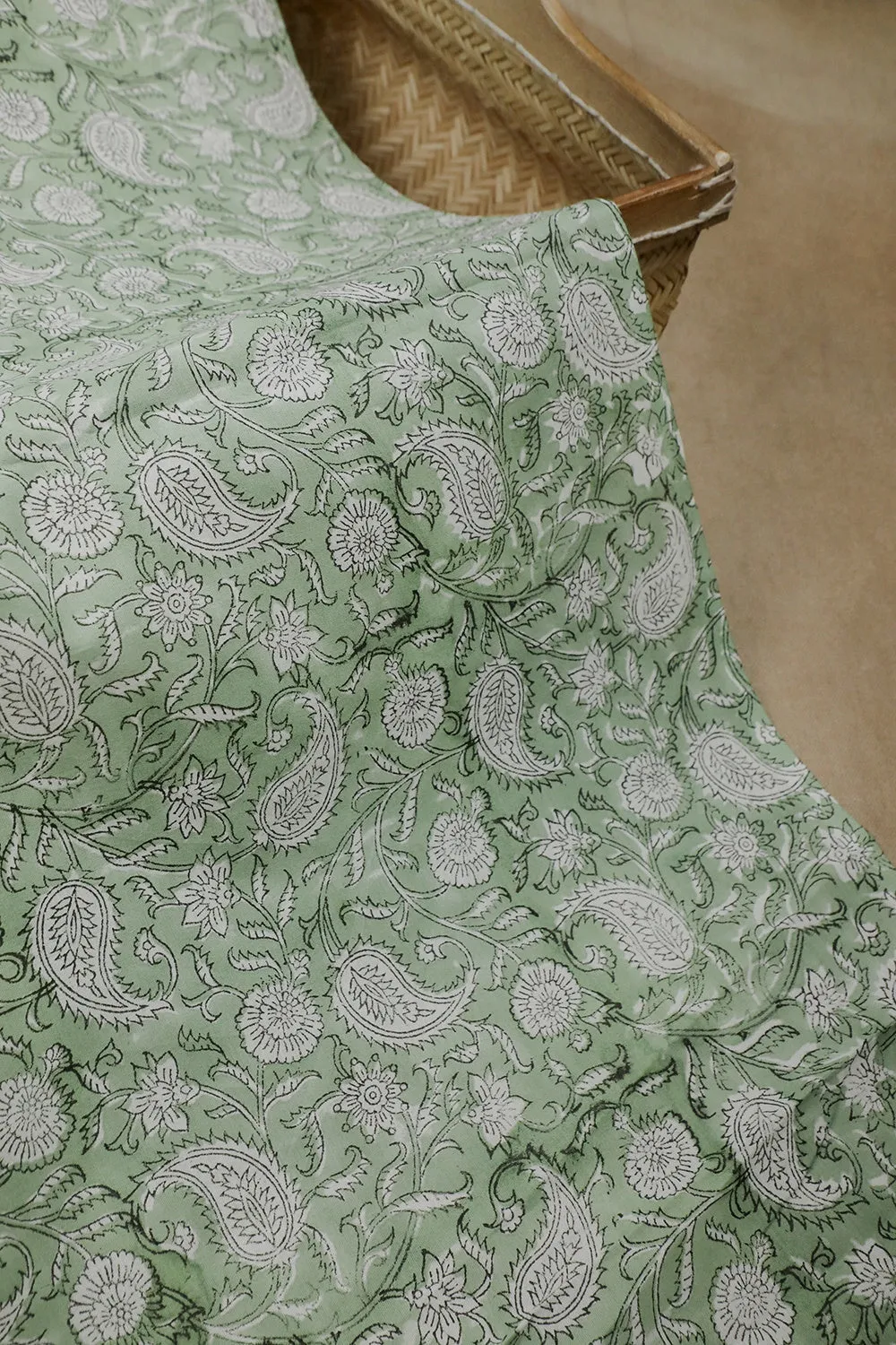 Paisley Cream Floral on Green Sanganeri Cotton Fabric - 0.55m