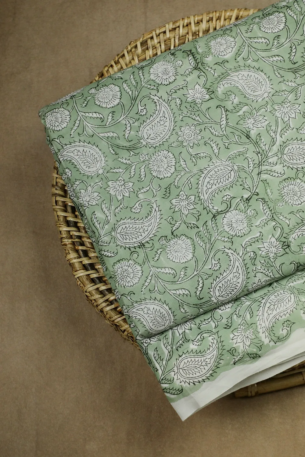 Paisley Cream Floral on Green Sanganeri Cotton Fabric - 0.55m