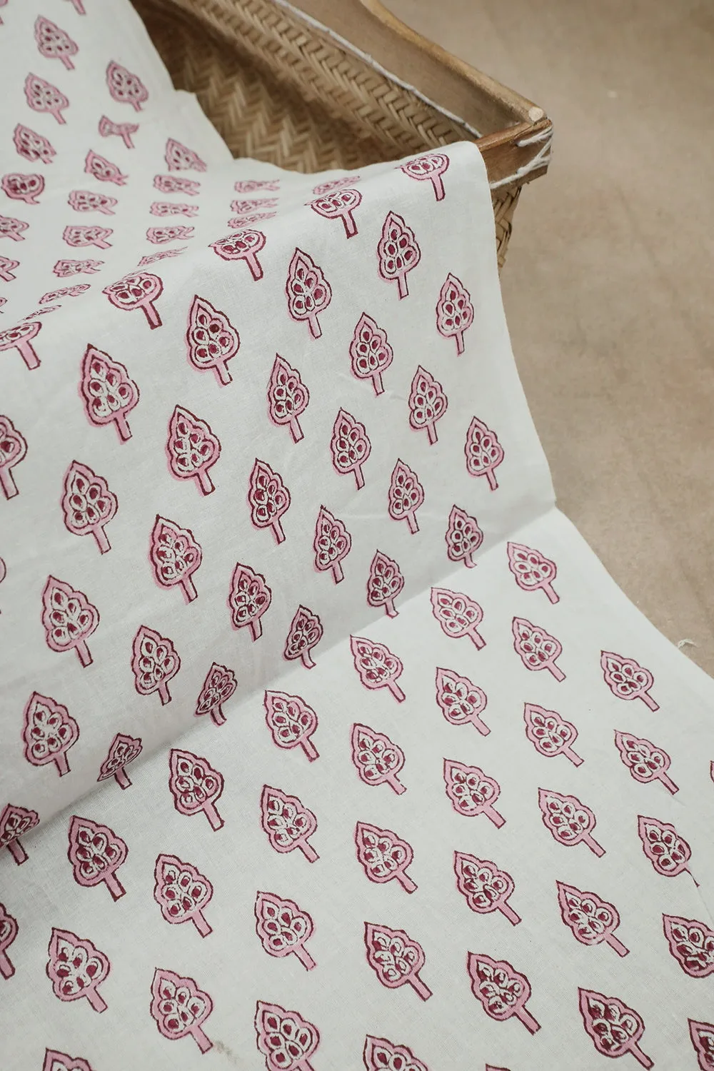 Pink Butta's on Cream Sanganeri Cotton Fabric -  1.65m