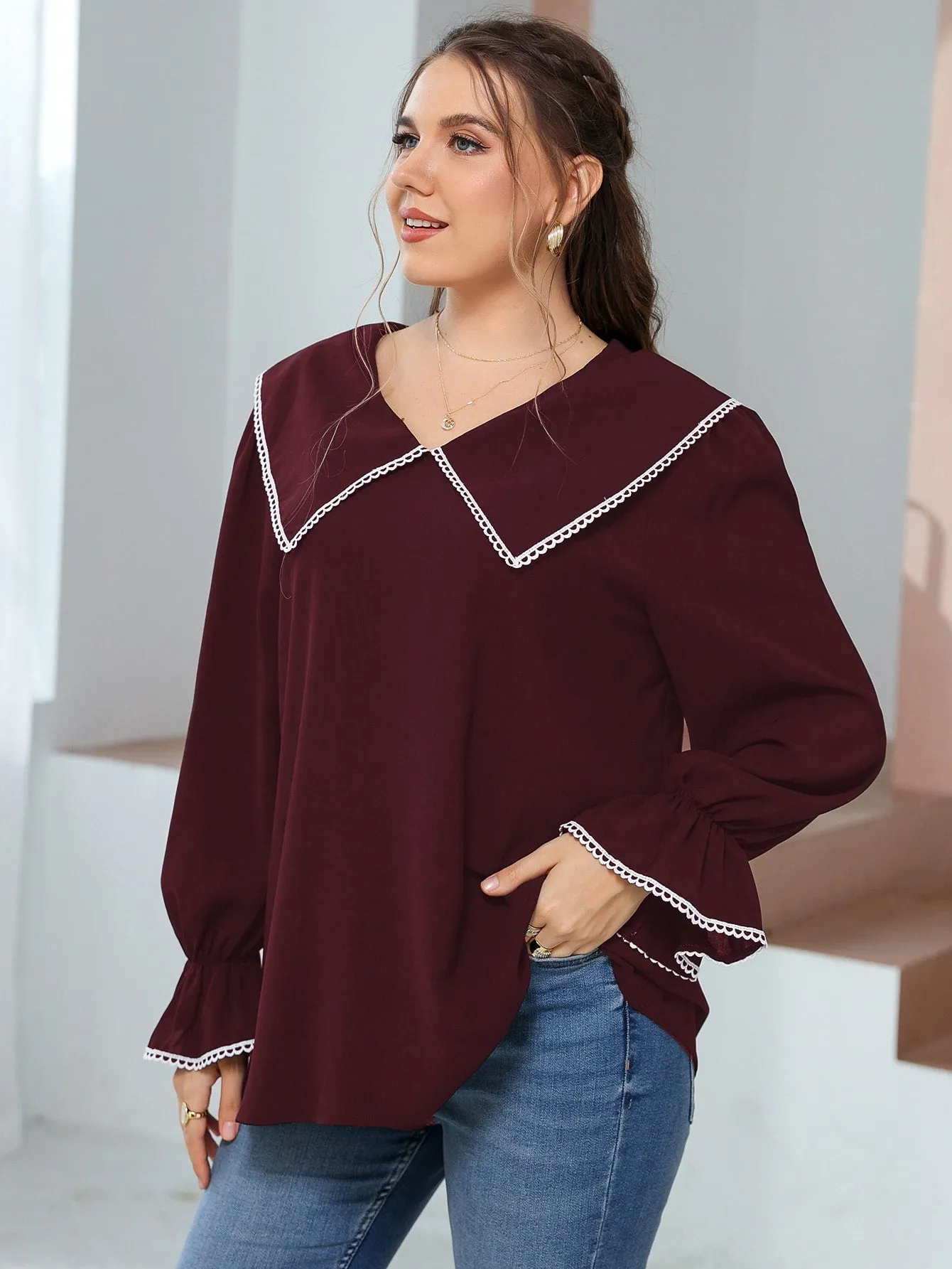 Plain Long Sleeve Peter Pan Collar Regular Plus Size Blouse