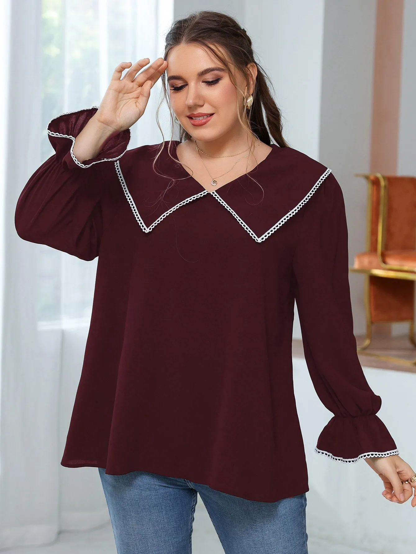 Plain Long Sleeve Peter Pan Collar Regular Plus Size Blouse