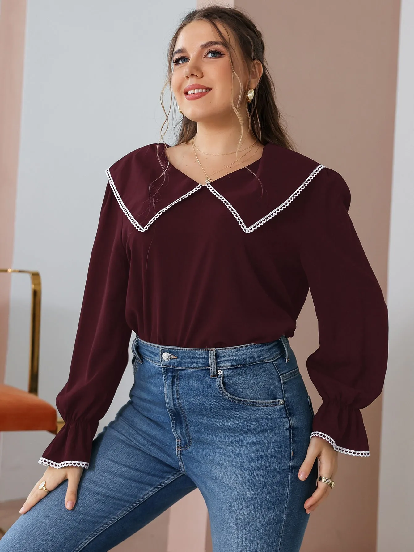 Plain Long Sleeve Peter Pan Collar Regular Plus Size Blouse