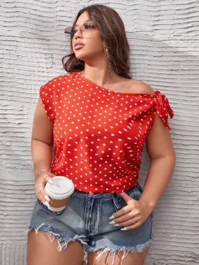 Polka Dot Knot Cap Sleeve Asymmetrical Neck Regular Plus Size Blouse