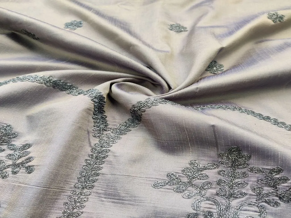 Precut Dual Shaded Blue Grey Zorba Silk With Grey Dori Embroidery Work Fabric