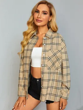 Preppy Plaid Button Front Long Sleeve Collar Long Blouse