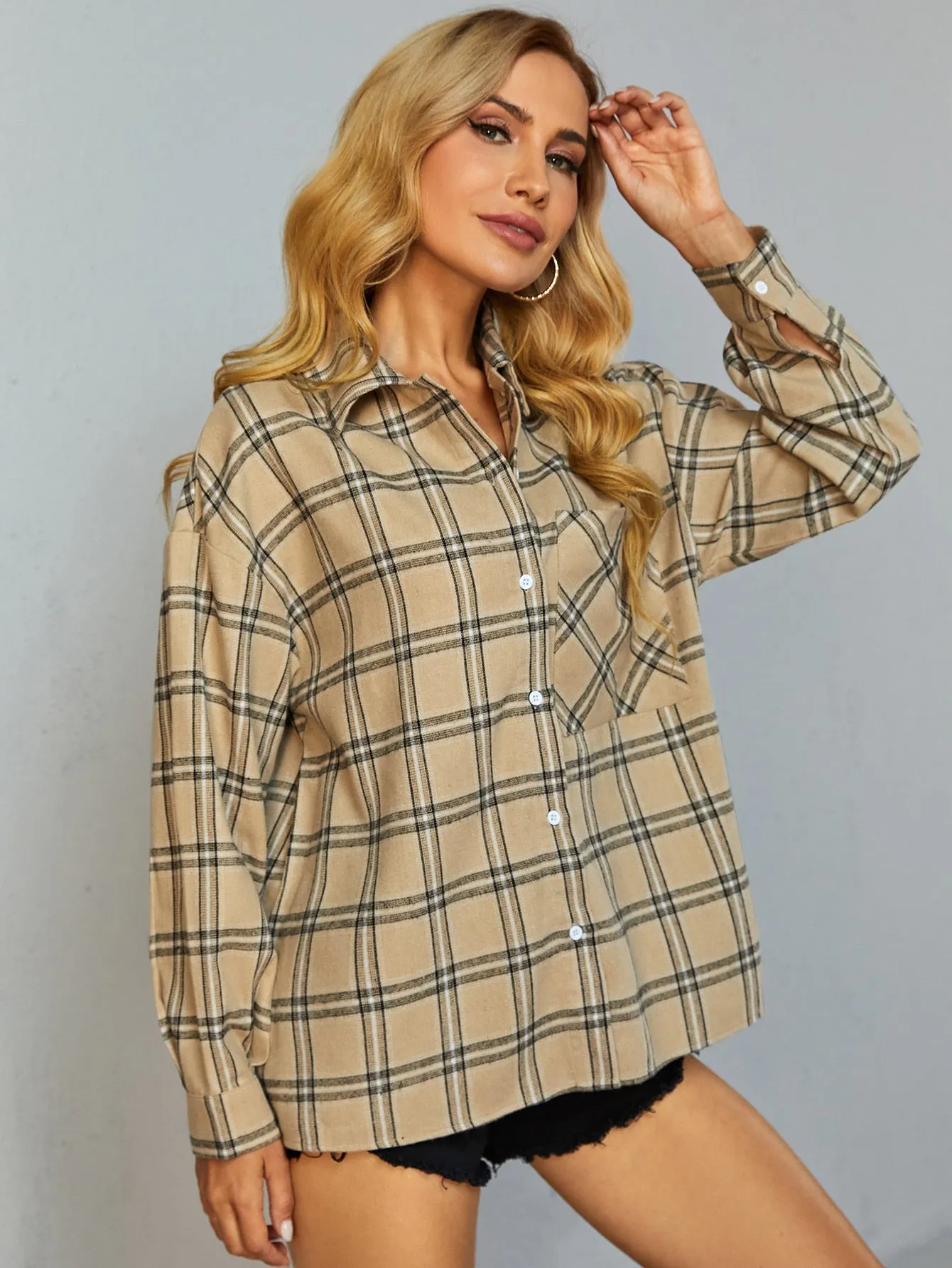 Preppy Plaid Button Front Long Sleeve Collar Long Blouse