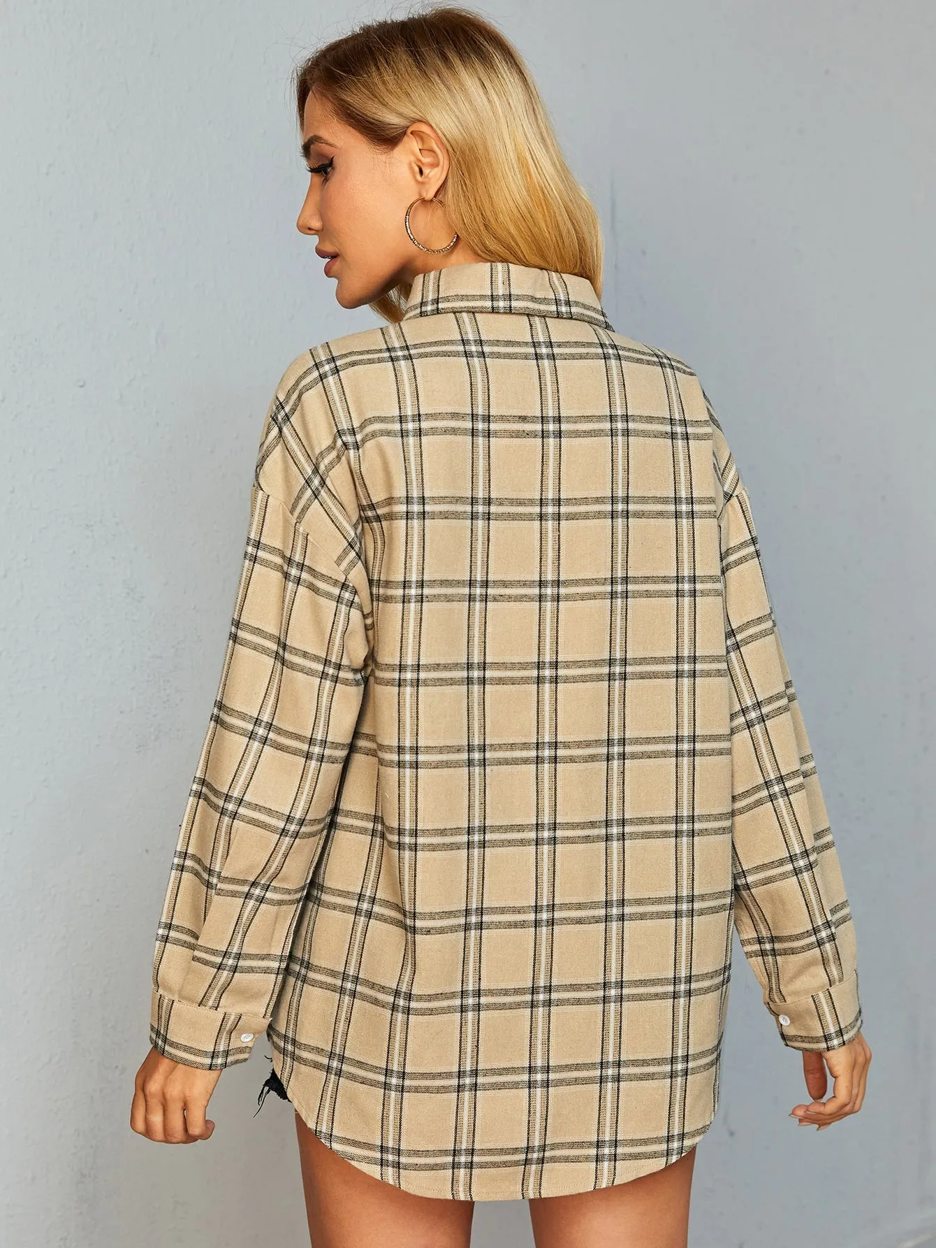 Preppy Plaid Button Front Long Sleeve Collar Long Blouse