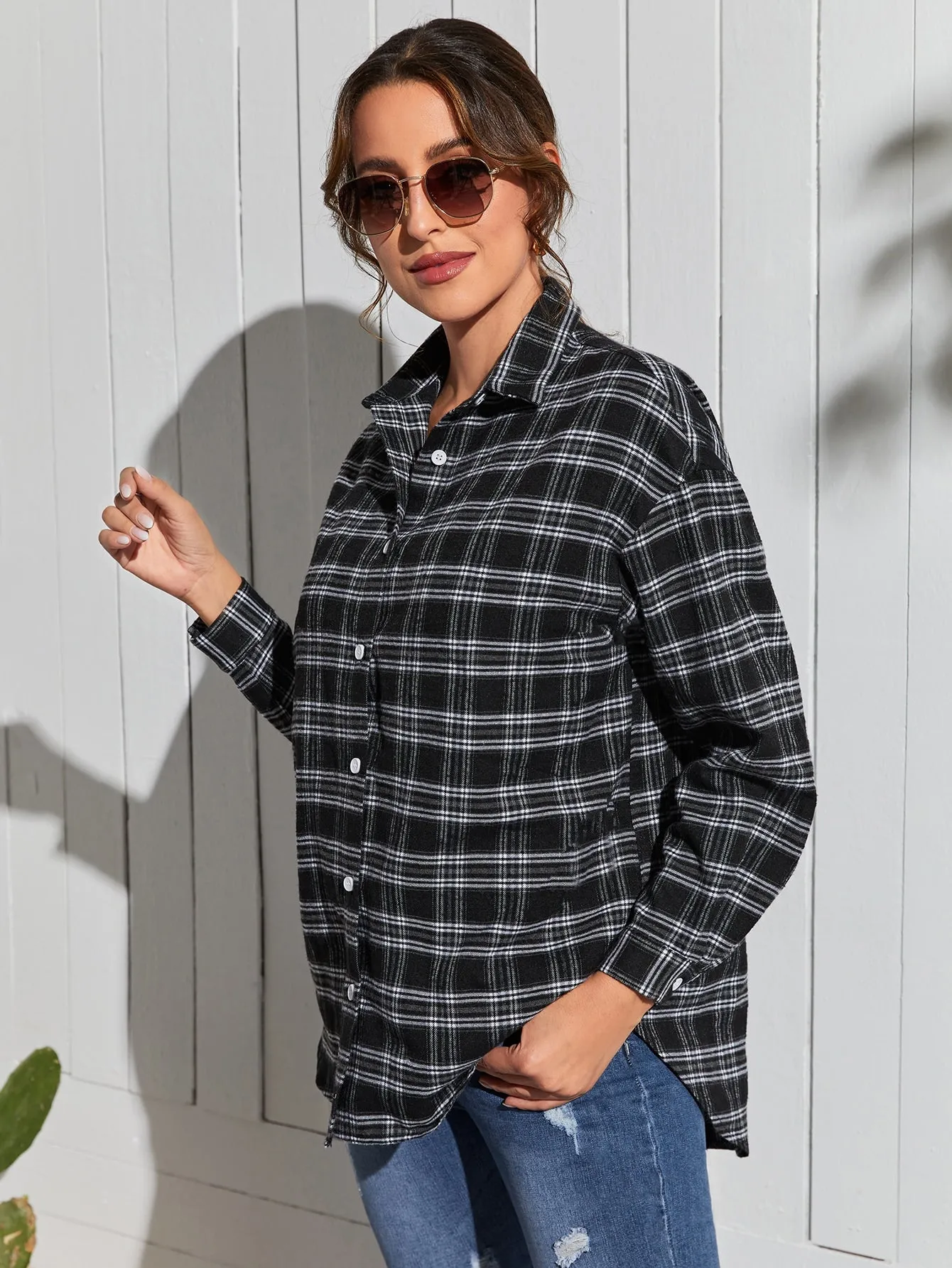 Preppy Tartan Button Front Long Sleeve Collar Regular Blouse