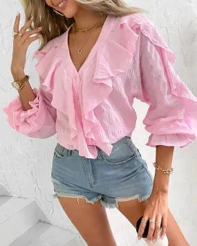 Ruffle Hem Long Sleeve Textured Blouse