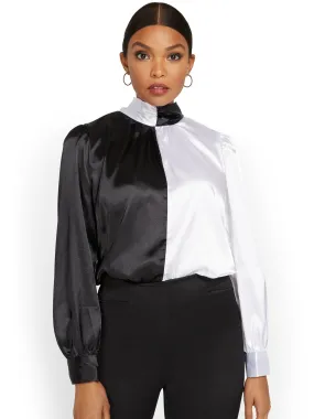 Shiny Tie-Back Colorblock Blouse