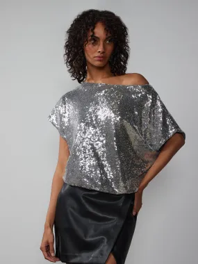 Short Sleeve One Shoulder Sequin Top