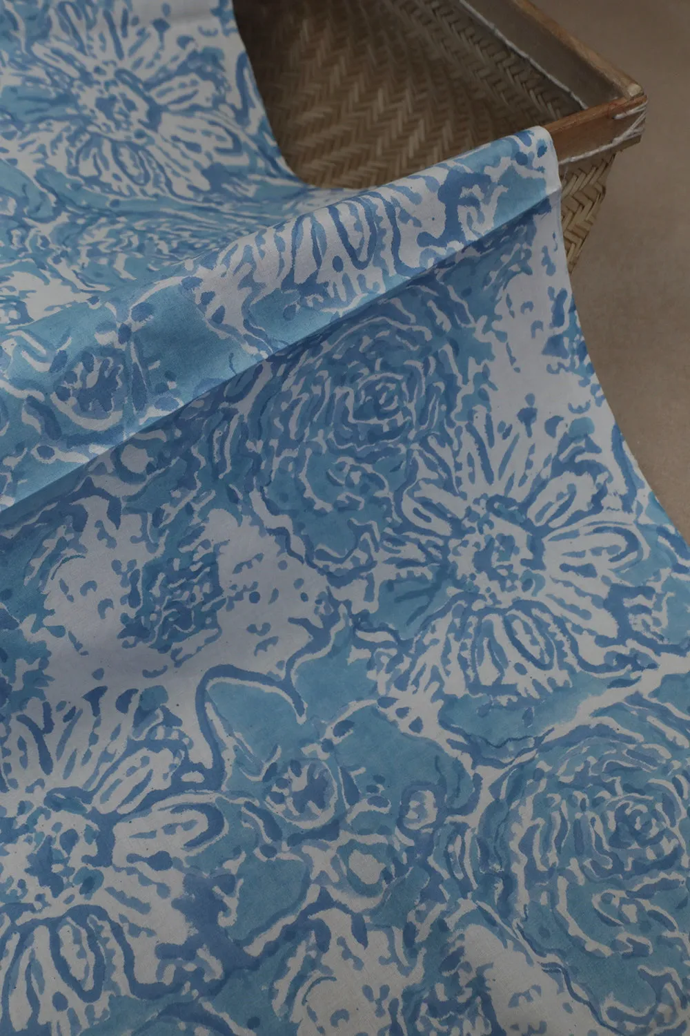 Smudged Blue with Off-White Sanganeri Cotton Fabric - 0.6m