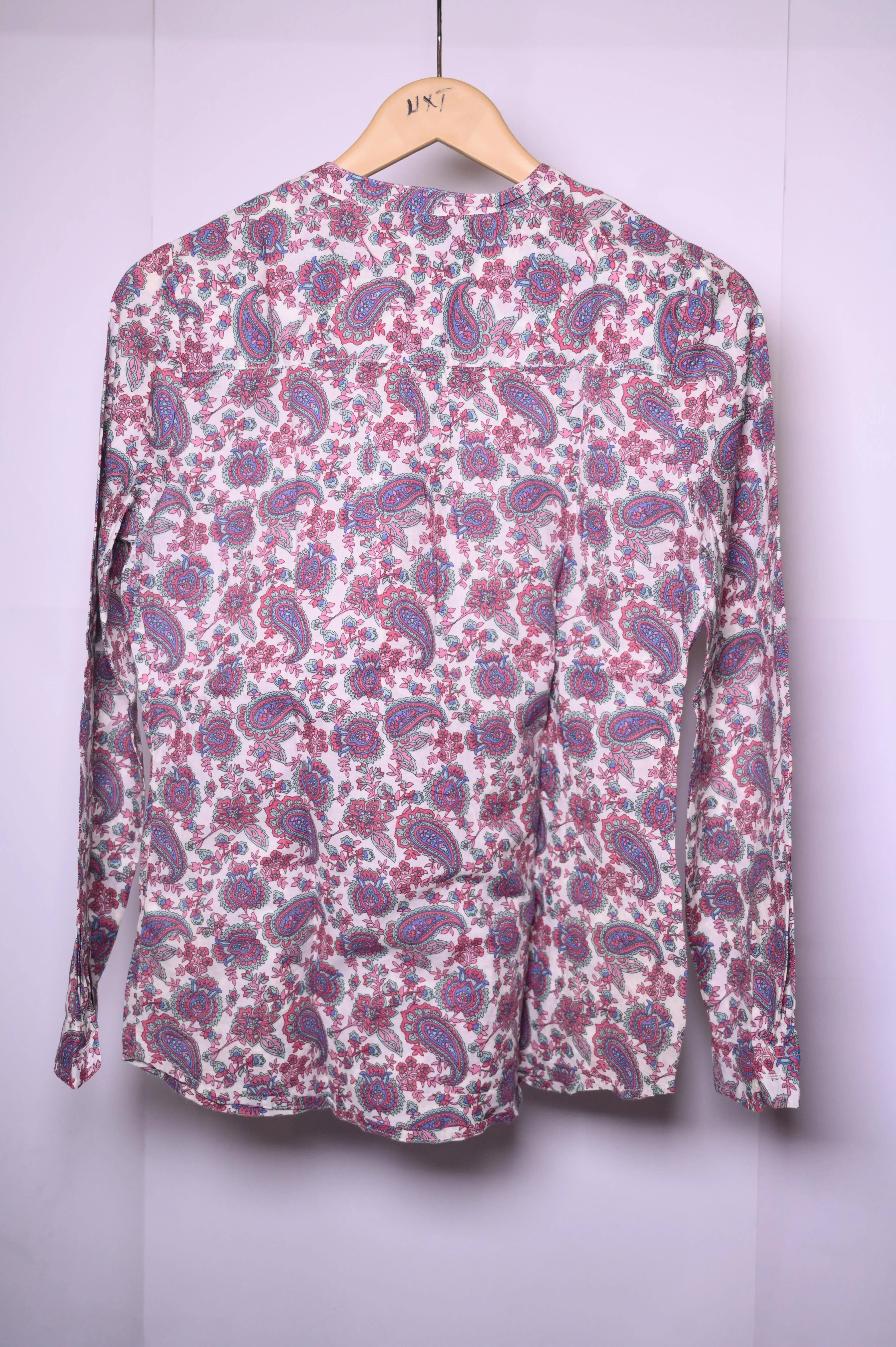 Springfield White Blouse with Blue & Pink Design – Medium