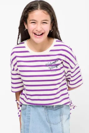 Stripe Cropped Short Sleeve T-Shirt Lilac