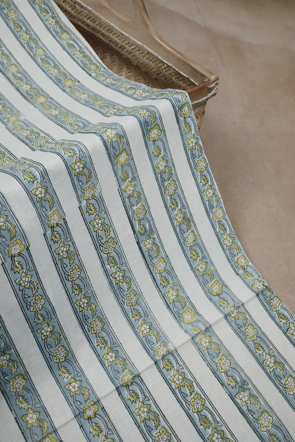 Striped Floral on Cream Sanganeri Cotton Fabric