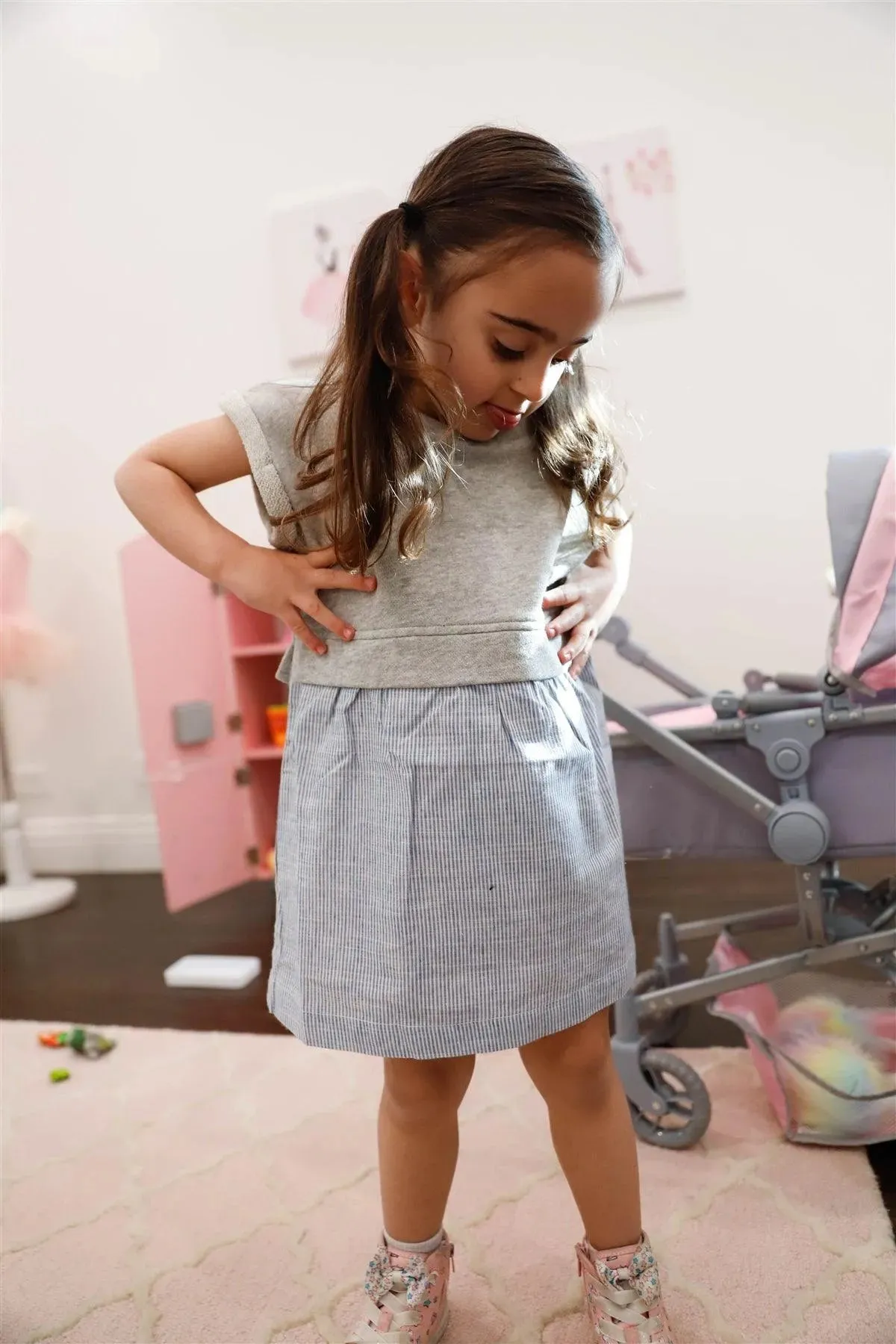 Toddler Girls Heather Grey Cotton & Linen Blend Top & Stripe Hem Dress /2-2-2